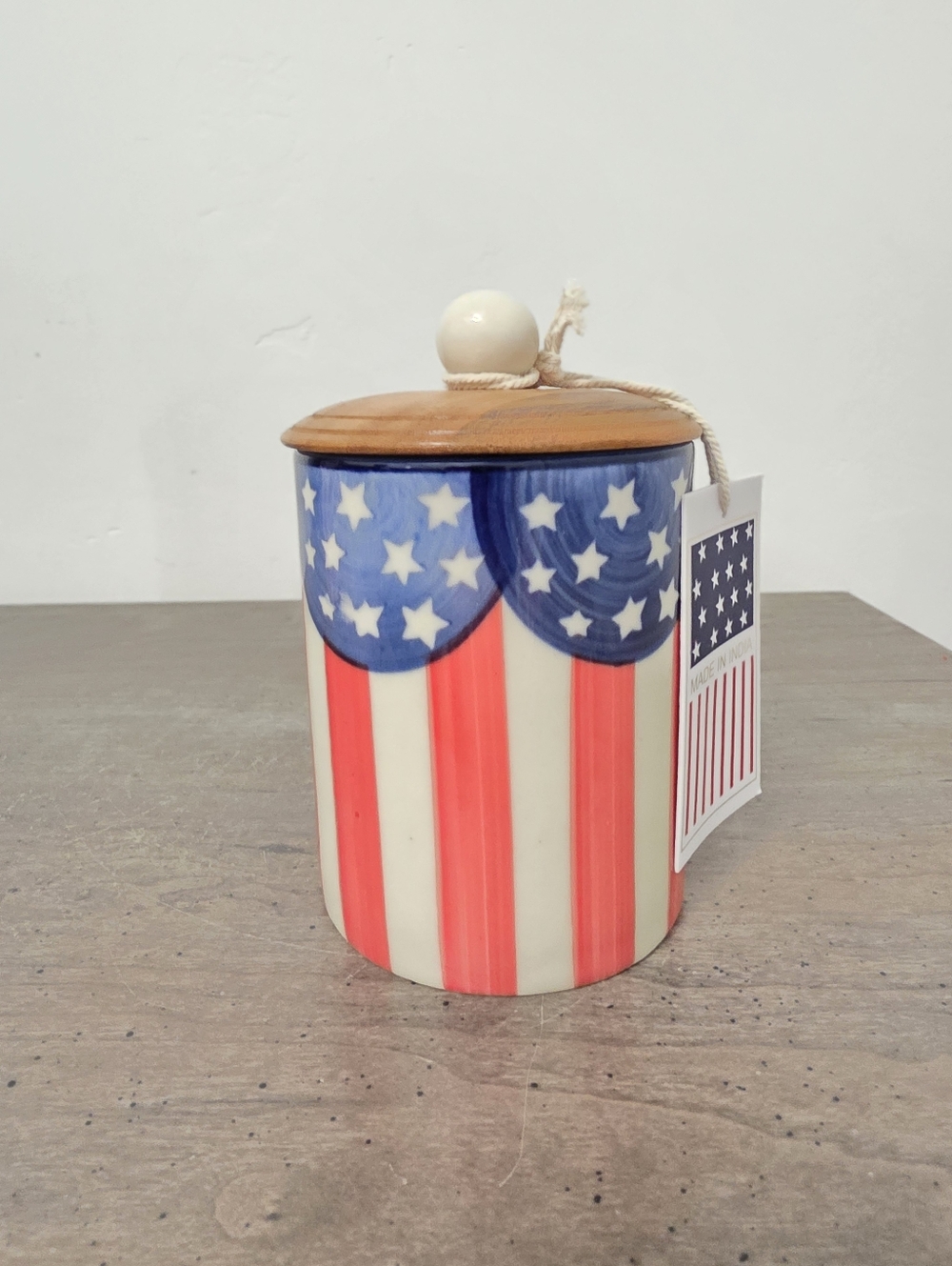 Viral India Patriotic Small Canister with Wooden Lid4th of July USA Americana
